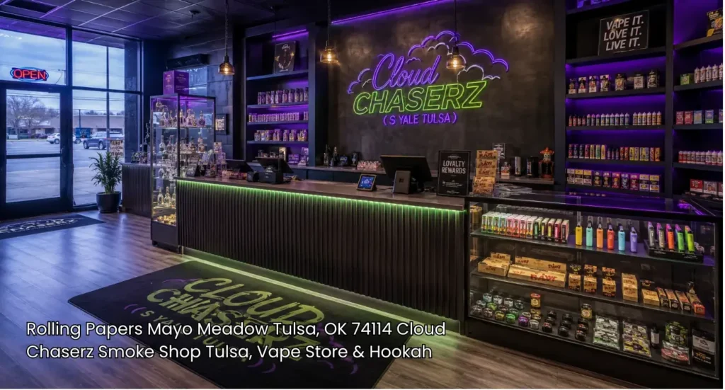 Main Checkout counter with modern neon signage and organized display cases stocked with rolling papers Tulsa.