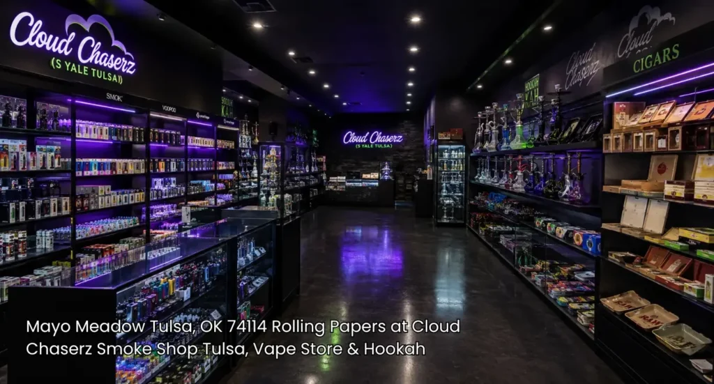 Spacious smoke store aisle showcasing cigars hookahs and premium accessories like rolling papers Tulsa options.