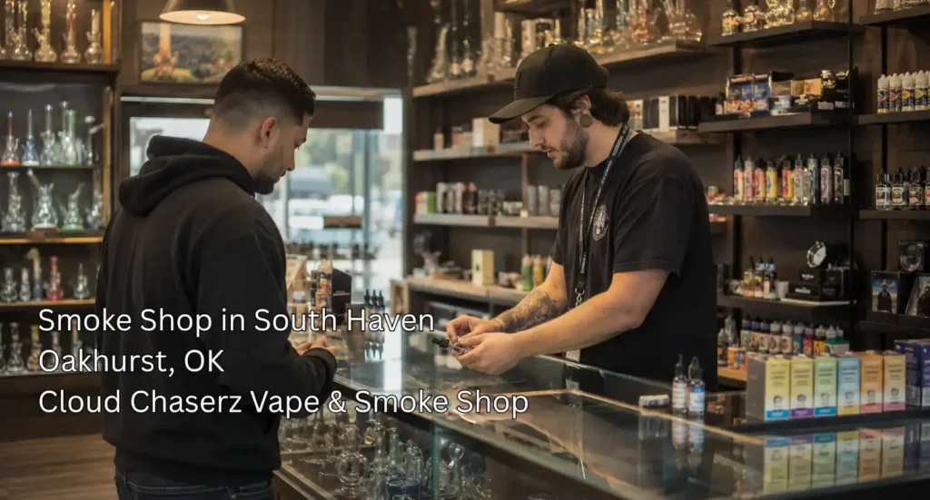 A friendly shop clerk helps a customer select vape hardware at the glass counter of a smoke shop Sapulpa shoppers visit. 