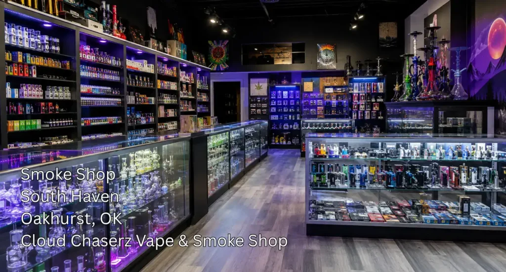 Modern interior display shelves filled with glass pipes and vape products at a local smoke shop Sapulpa area store.