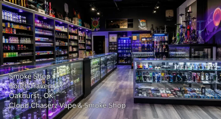 Modern interior display shelves filled with glass pipes and vape products at a local smoke shop Sapulpa area store.