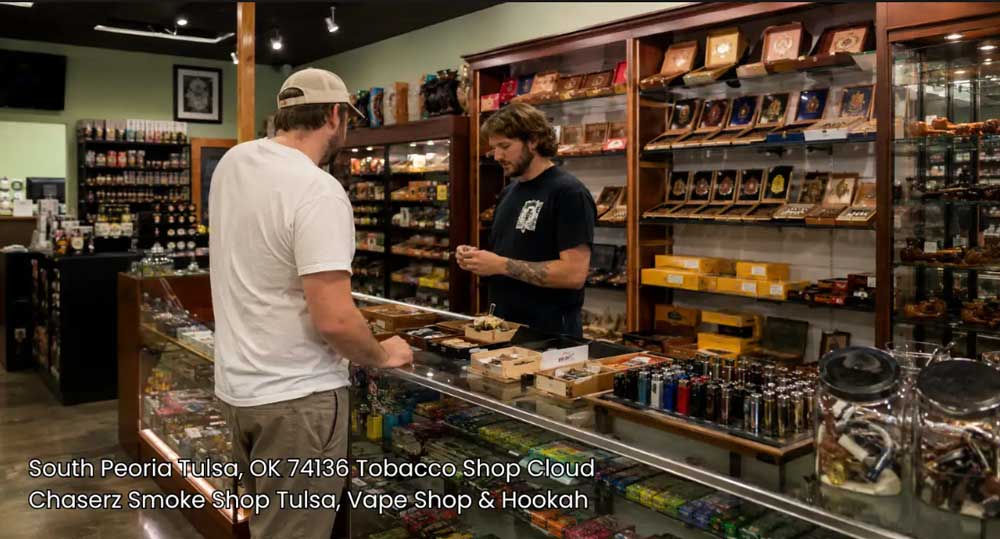 Helpful store clerk assisting a customer at the sales desk inside a well stocked tobacco shop Tulsa area offers.