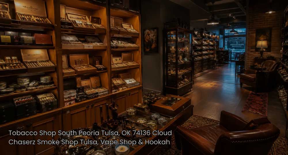 Premium cigar humidor display with cozy leather seating inside a full service cigarette shop tulsa locals visit.