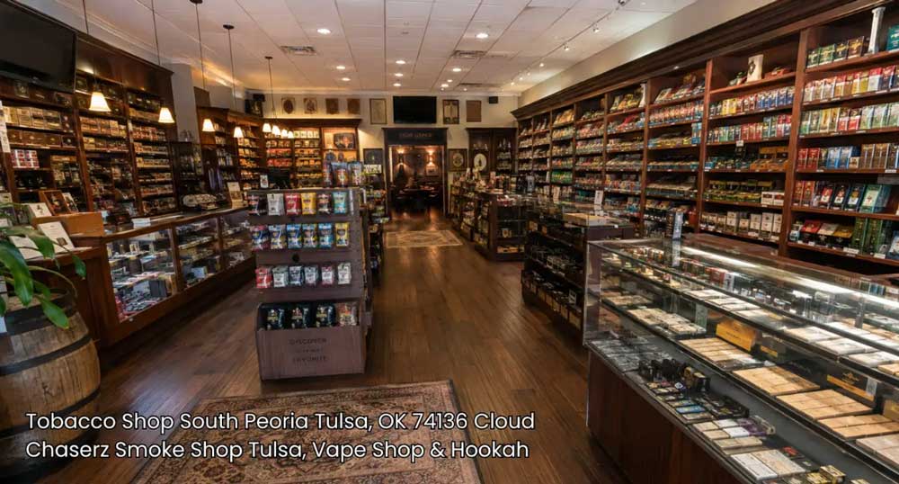 Spacious showroom interior featuring rich wooden cases at a top rated tobacco shop Tulsa residents recommend.