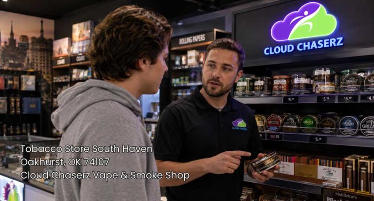 Store employee explaining tobacco products to a customer inside Cloud Chaserz, a tobacco store Sapulpa shoppers can visit.