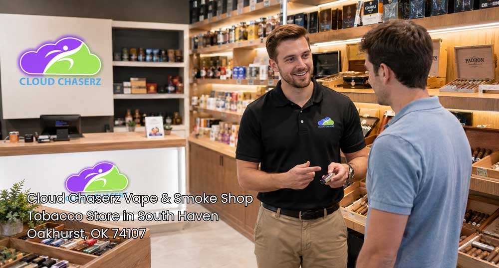 Cloud Chaserz staff helping a customer browse tobacco and cigar products at a tobacco store Sapulpa shoppers can visit.