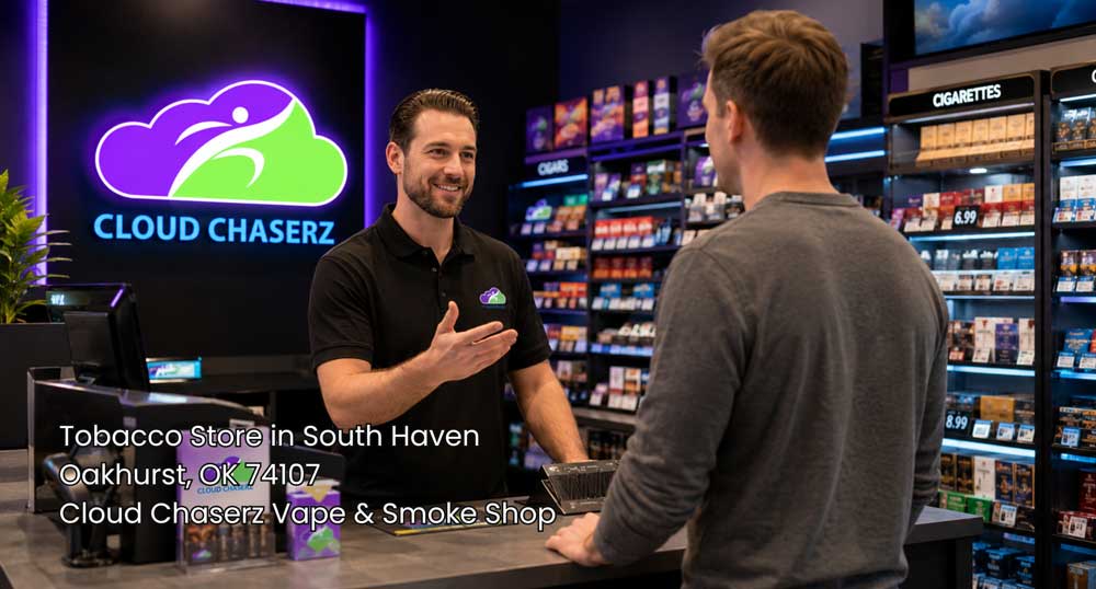 Cloud Chaserz staff assisting a customer at the counter inside a tobacco store Sapulpa shoppers can visit for products.