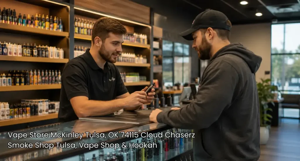 Store employee demonstrating a vaping device to a customer at the checkout counter of a vape store Tulsa. 