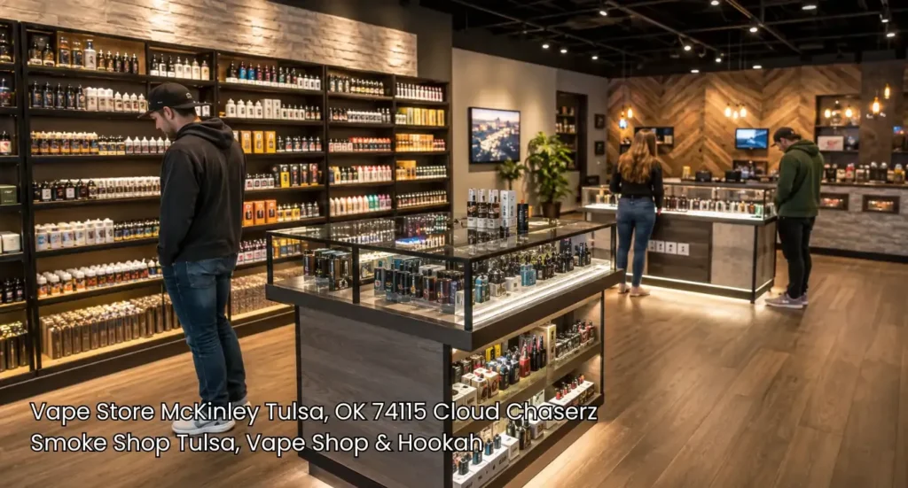 Customers browsing modern displays stocked with juice liquids and devices inside a top vape store Tulsa.