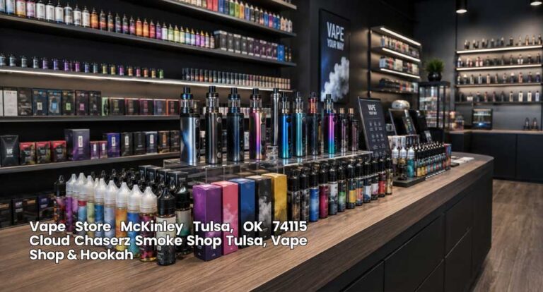 Vape store Tulsa showcase at Cloud Chaserz featuring rows of premium e-liquids, pod systems, and modern vape devices.
