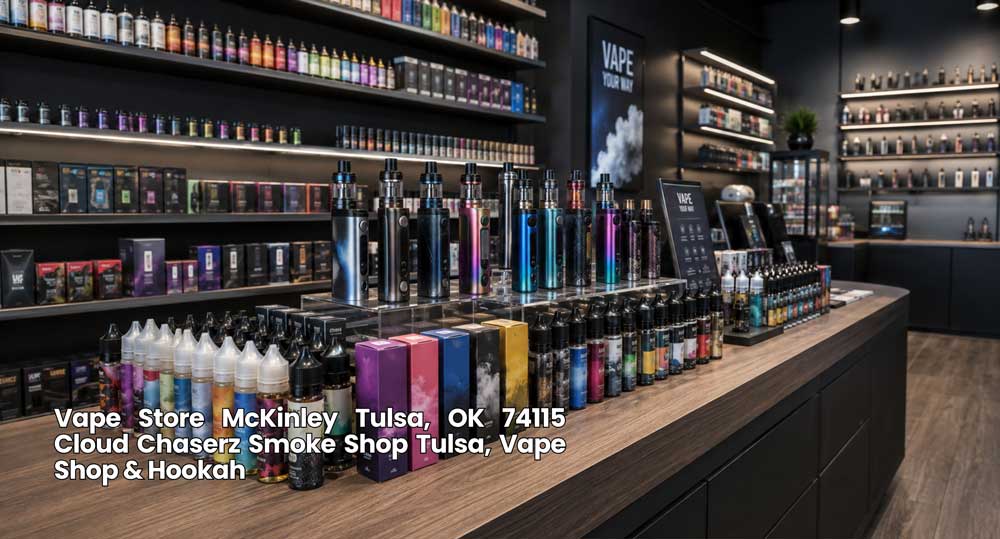 Vape store Tulsa showcase at Cloud Chaserz featuring rows of premium e-liquids, pod systems, and modern vape devices.