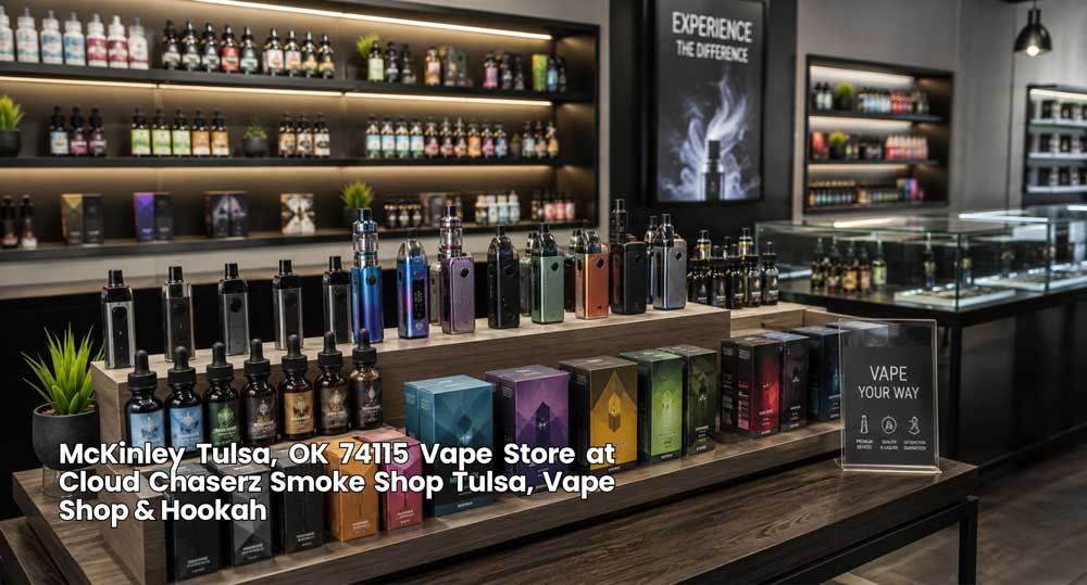 Cloud Chaserz vape store Tulsa display featuring bottled e-liquids, vape pods, and shop information near McKinley area.