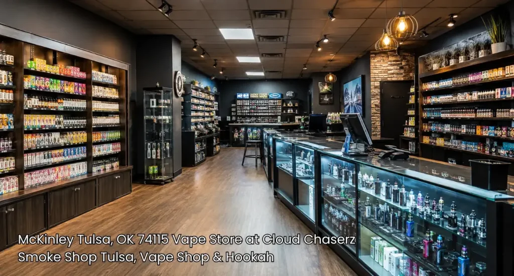 Spacious interior of a modern vape store Tulsa location featuring illuminated glass cases and wall shelves. 