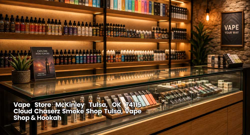 Warm lit vape store Tulsa showroom display case filled with flavor pods, mods, and e-liquids at Cloud Chaserz shop.