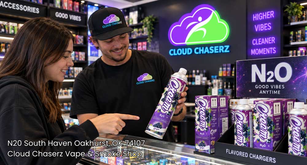 Store clerk assisting customer with flavored Cream N2O Sapulpa chargers displayed at Cloud Chaserz smoke shop counter.