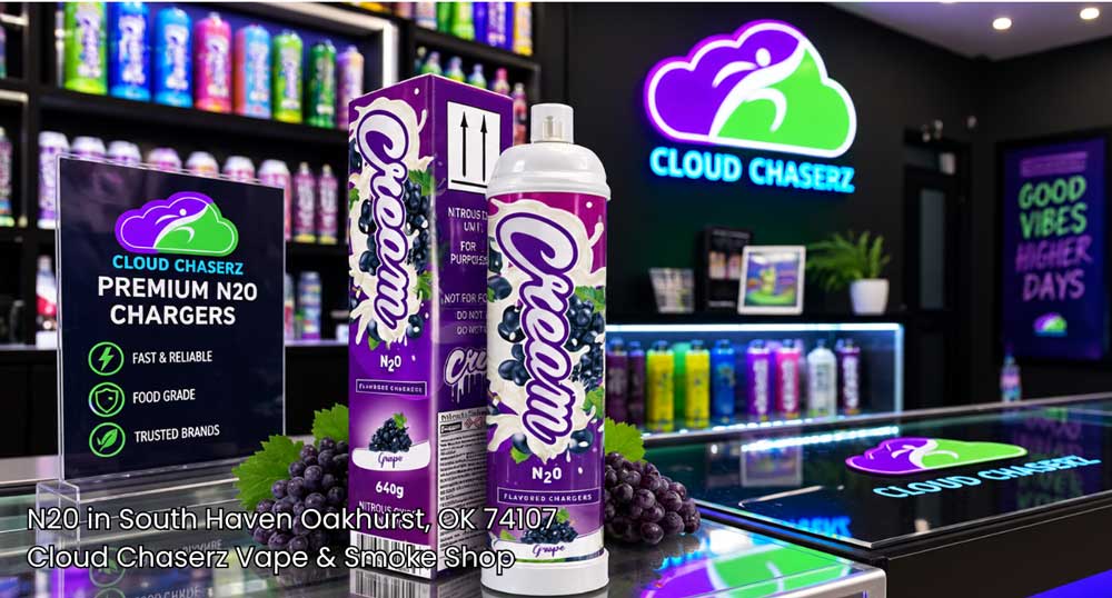Grape flavored Cream N2O Sapulpa nitrous oxide charger canister and packaging display on Cloud Chaserz shop counter.