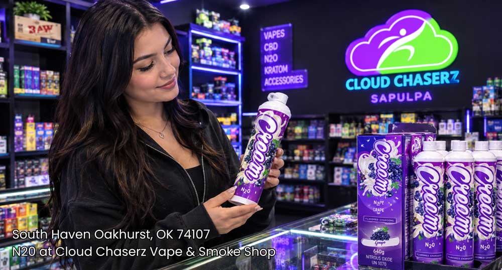 Woman holding a grape flavored Cream N2O Sapulpa charger canister inside Cloud Chaserz Vape and Smoke Shop store.