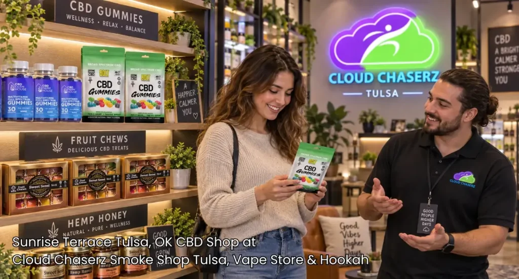 Happy customer receiving expert advice on CBD gummies from staff at Cloud Chaserz premier cbd shop tulsa location.