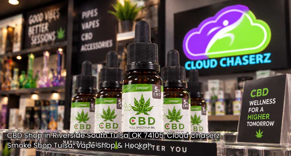 Premium full-spectrum oil tinctures lined up on display at Cloud Chaserz, a top-rated local CBD shop Tulsa relies on.
