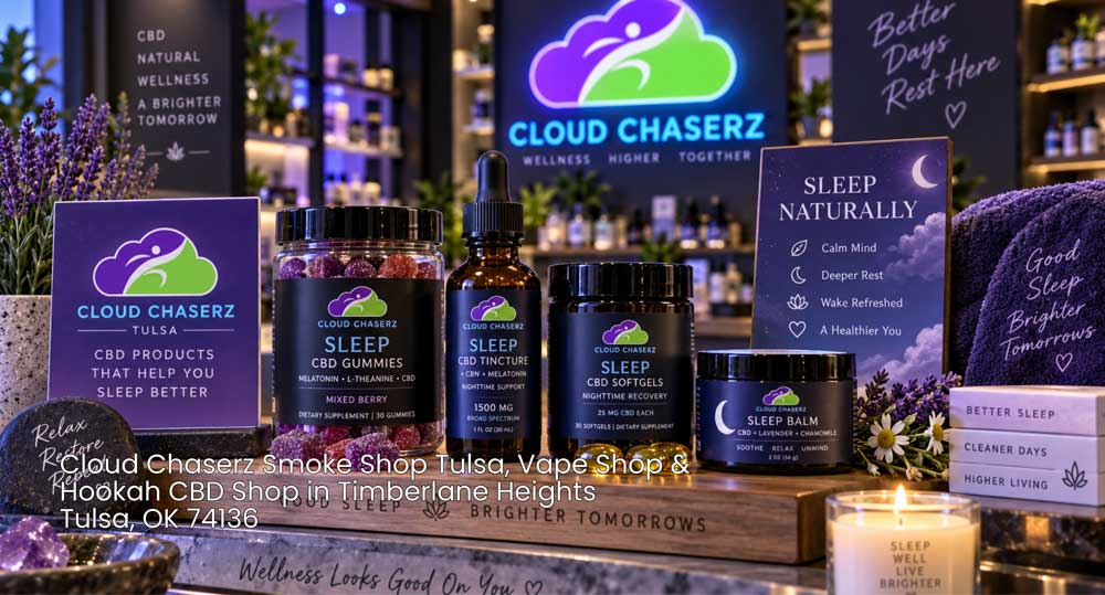 CBD sleep gummies, tinctures, softgels and balm displayed at Cloud Chaserz, a cbd shop Tulsa customers can visit.