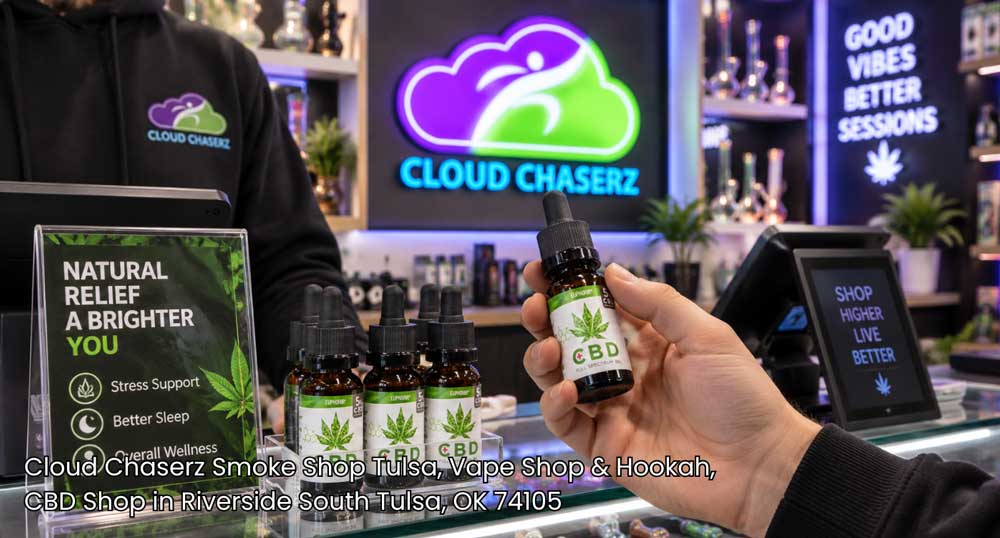 A shopper holding a bottle of tincture at Cloud Chaserz, the premier CBD shop Tulsa offers for natural wellness products.