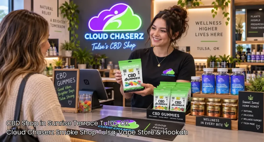 Smiling store associate presenting broad spectrum CBD gummies to a customer inside Cloud Chaserz cbd shop tulsa.