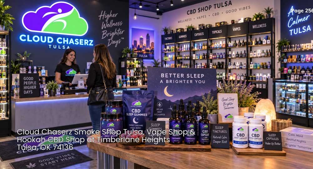 Customer shops a bright Cloud Chaserz wellness store with CBD sleep products on display at a trusted cbd shop Tulsa location.