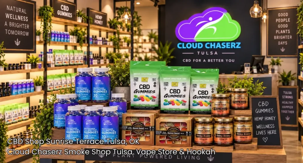 Premium organic CBD gummies and hemp honey wellness products organized on display at a top cbd shop tulsa counter.