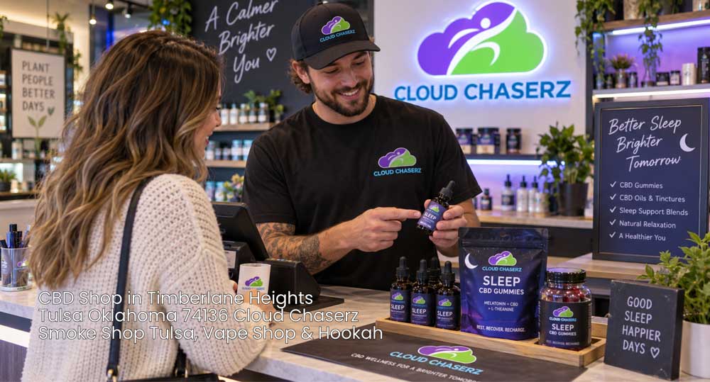 Customer explores sleep-focused CBD products with a Cloud Chaserz associate at a welcoming cbd shop Tulsa retail counter.