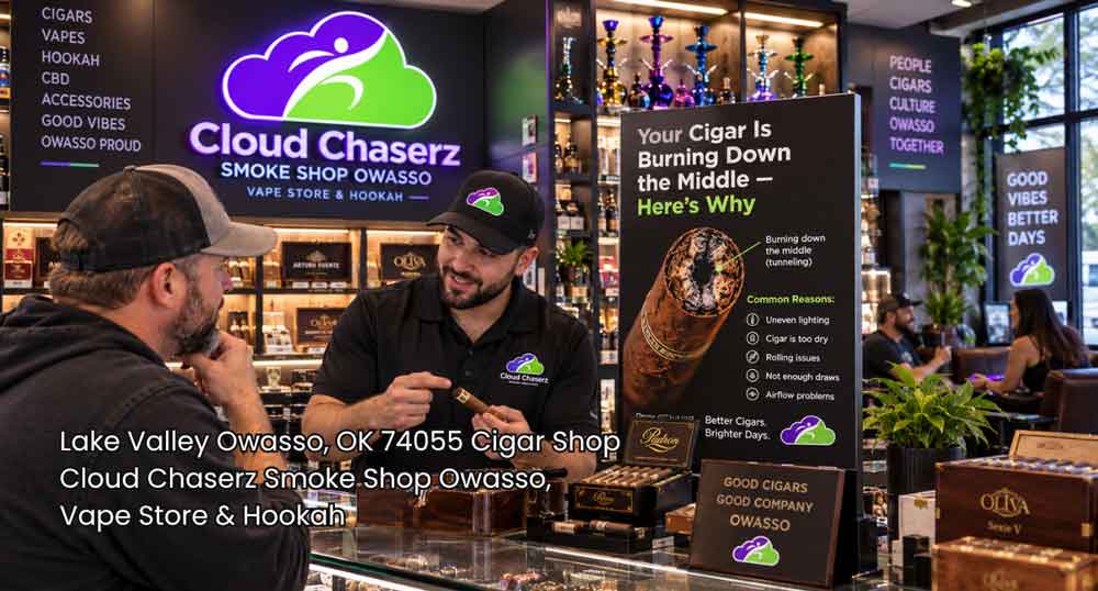 Staff member explaining cigar burn troubleshooting tips at Cloud Chaserz, a top cigar shop Owasso store.