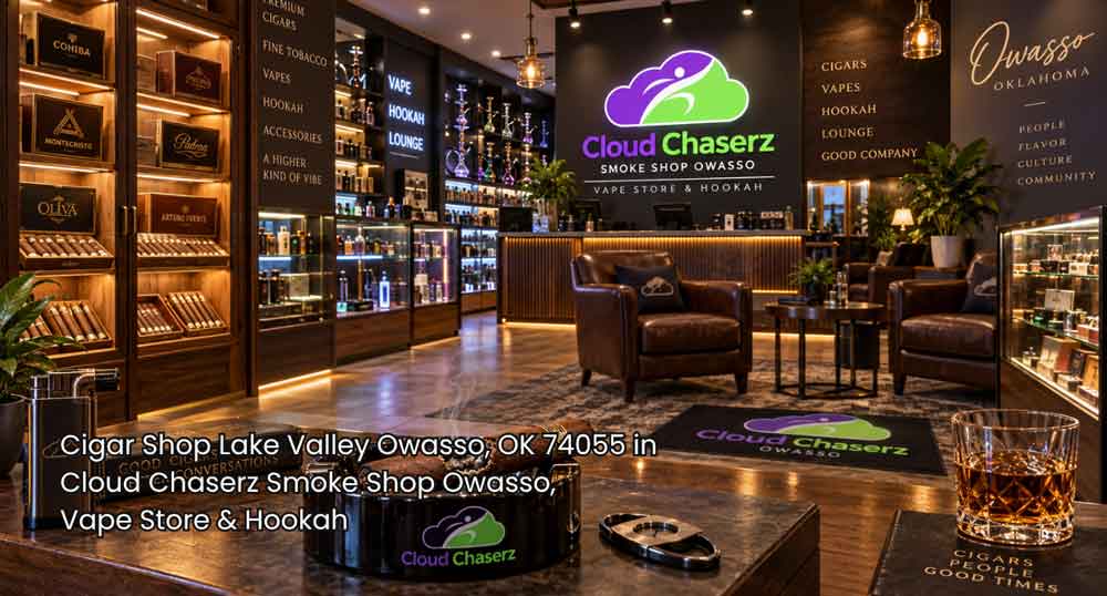 Luxury interior of Cloud Chaserz, a premier cigar shop Owasso destination with lounge seating and humidor.