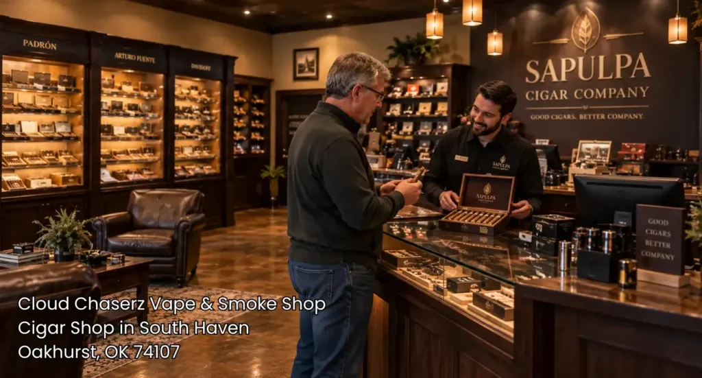 Friendly staff showing fine boxed cigars to a buyer at Sapulpa Cigar Company, a trusted local cigar shop Sapulpa. 