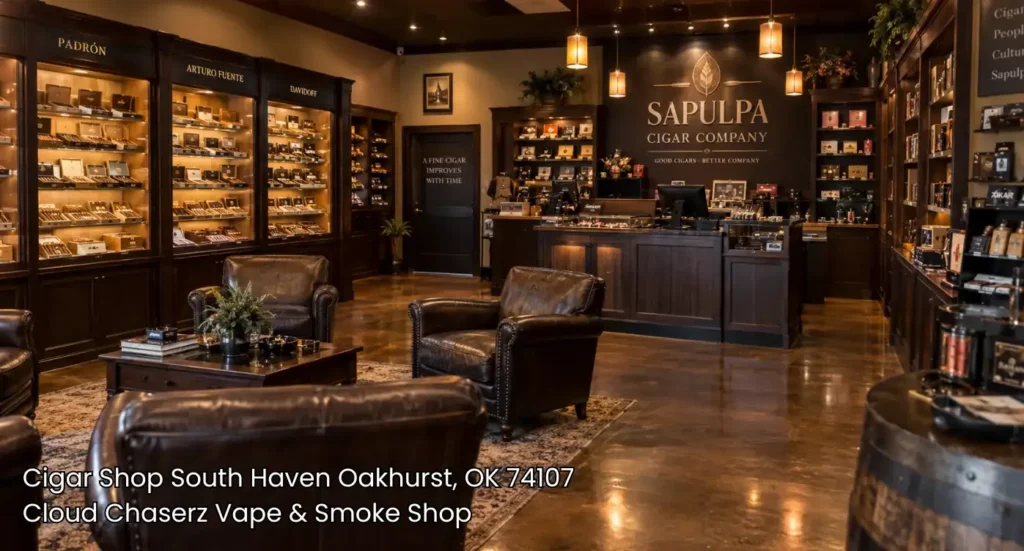 Upscale lounge seating area inside a local cigar shop Sapulpa tobacco lovers visit for premium handcrafted cigars.