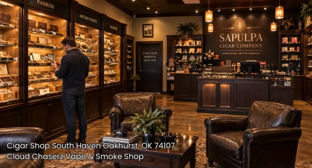 A customer browsing rare hand-rolled selections at a premier cigar shop Sapulpa offers for fine tobacco products. 
