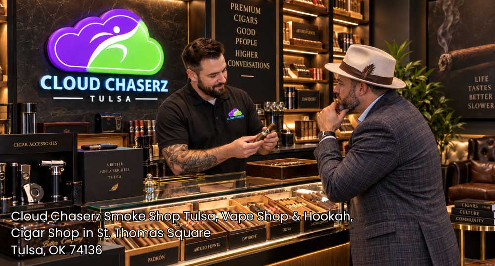 Expert staff recommending premium cigars over the display case at Cloud Chaserz, the go-to cigar shop Tulsa tobacco enthusiasts trust.