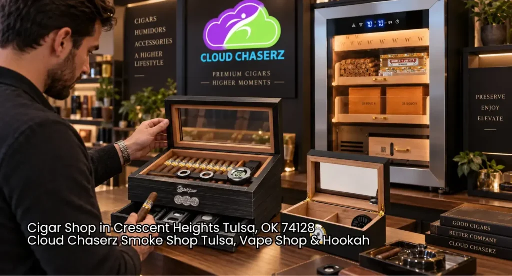 Customer inspecting a fine cigar beside desktop humidors and an electric cabinet at a cigar shop Tulsa store.