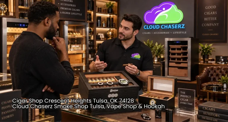 Staff member demonstrating wooden and electric humidors to a customer inside a premium cigar shop Tulsa location.