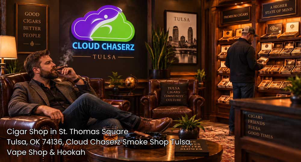 A customer relaxing in a leather armchair enjoying a smoke at Cloud Chaserz, a premier cigar shop Tulsa offers for lounge lovers.