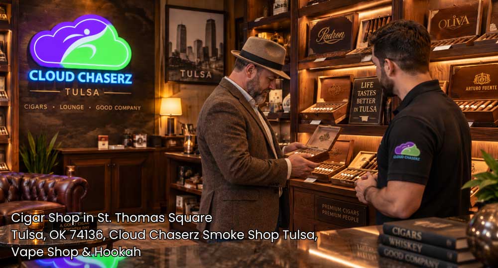 A customer browsing premium hand-rolled cigars at Cloud Chaserz, a top-rated local cigar shop Tulsa smokers visit for fine tobacco.