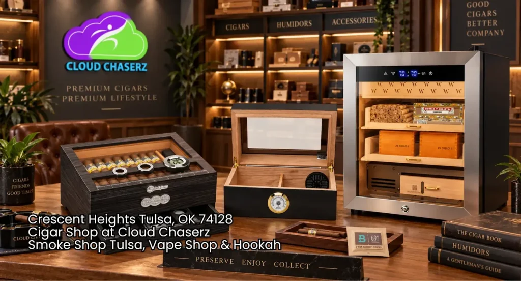 Premium wooden desktop humidors and a stainless steel humidor cabinet on display at a local cigar shop Tulsa.