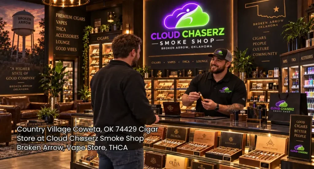 A customer shopping for luxury tobacco brands at the glass display counter of a local cigar store Broken Arrow. 