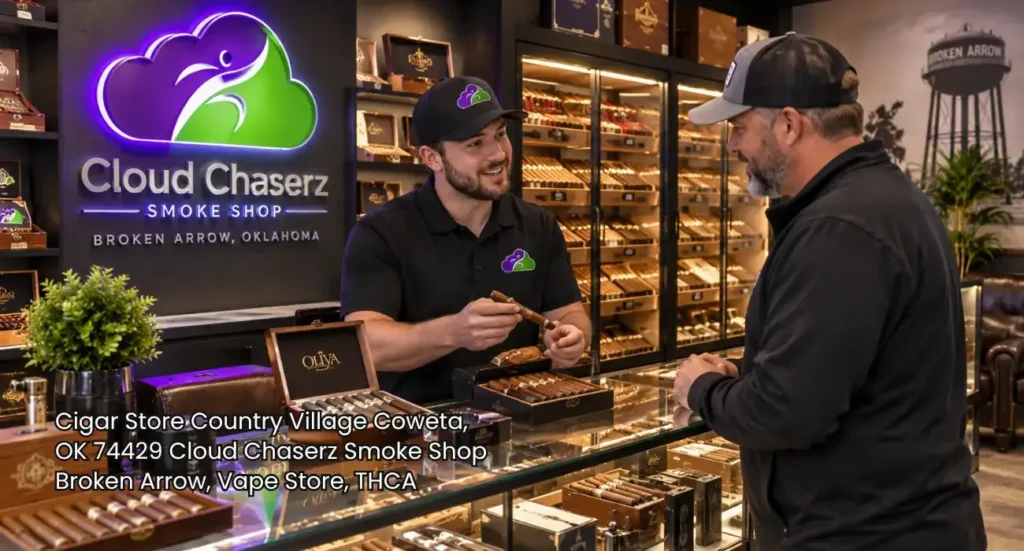 A friendly clerk helping a customer select hand-rolled premium cigars at a top-rated cigar store Broken Arrow, OK.