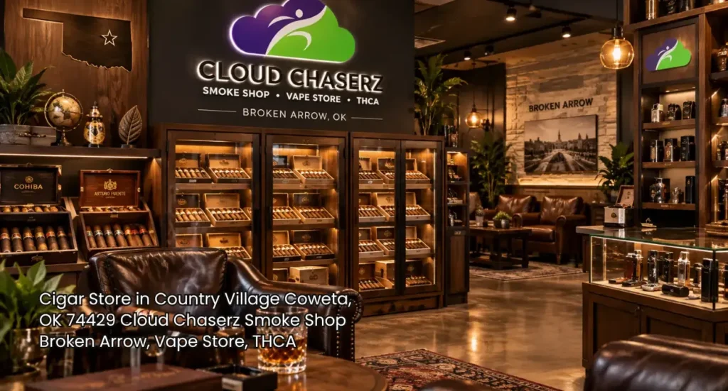 Interior view of a cozy lounge with leather chairs and humidor cabinets inside a premium cigar store Broken Arrow. 