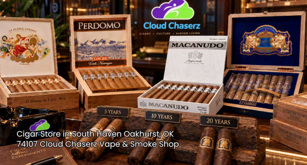 Premium open boxes of Macanudo and Perdomo cigars arranged at a full-service cigar store Sapulpa smokers visit.