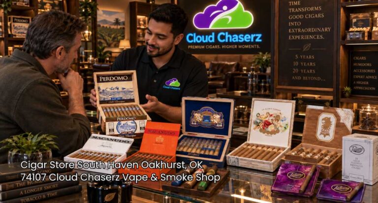 A friendly shop clerk showing boxed Perdomo cigars to a customer at Cloud Chaserz, a top cigar store Sapulpa offers.