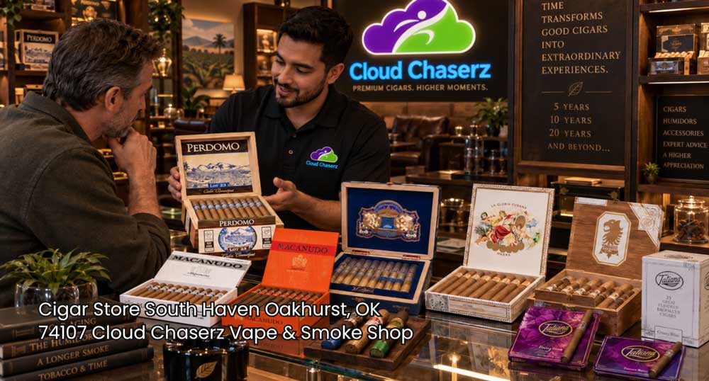A friendly shop clerk showing boxed Perdomo cigars to a customer at Cloud Chaserz, a top cigar store Sapulpa offers.