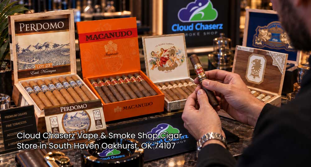 A customer inspecting a premium rolled cigar at a counter with open boxed cigars inside a popular cigar store Sapulpa.