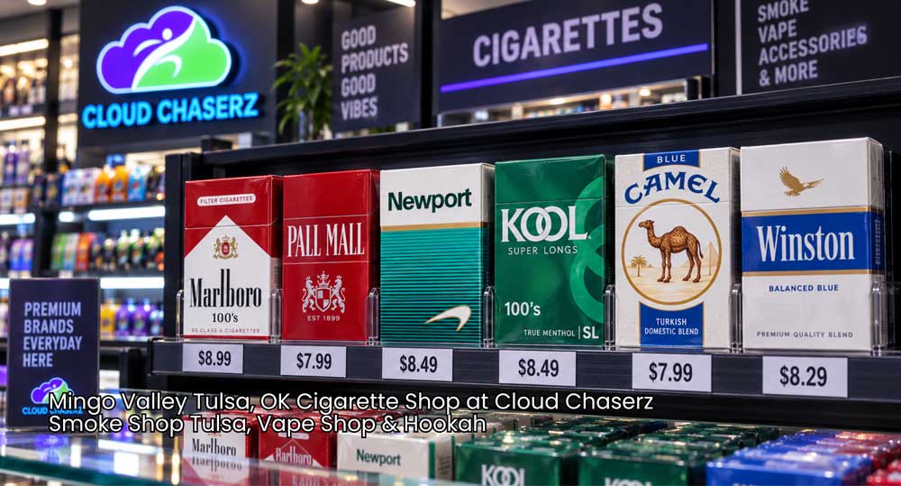A clean display showing Marlboro, Camel, and Newport packs at a local cigarette shop Tulsa offers for top brands.