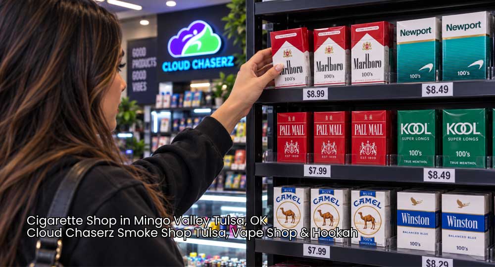 A shopper selecting a pack of cigarettes off fully stocked shelves at a modern cigarette shop Tulsa residents visit.
