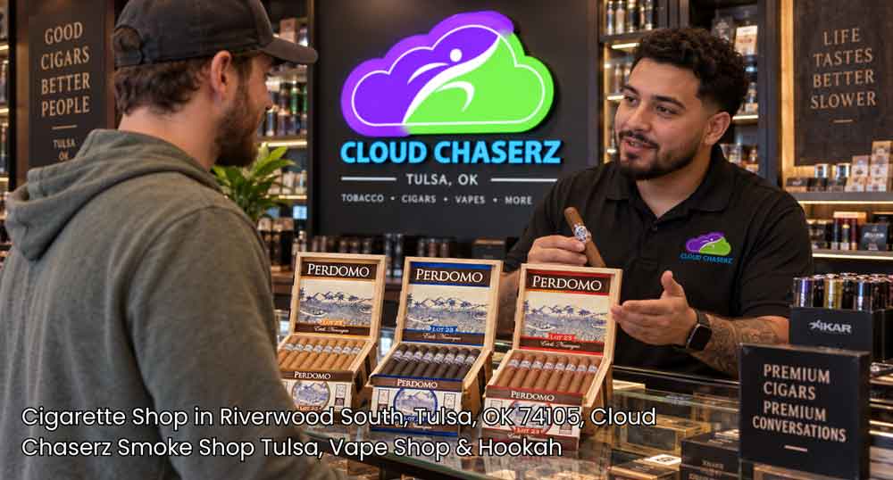 Friendly clerk showing tobacco products at Cloud Chaserz, a premier cigarette shop Tulsa smokers visit for fine goods.